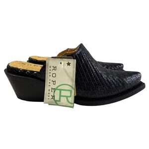 Roper Mary Mules Women's Size 5 Snip Toe Basketweave Embossed Black Leather